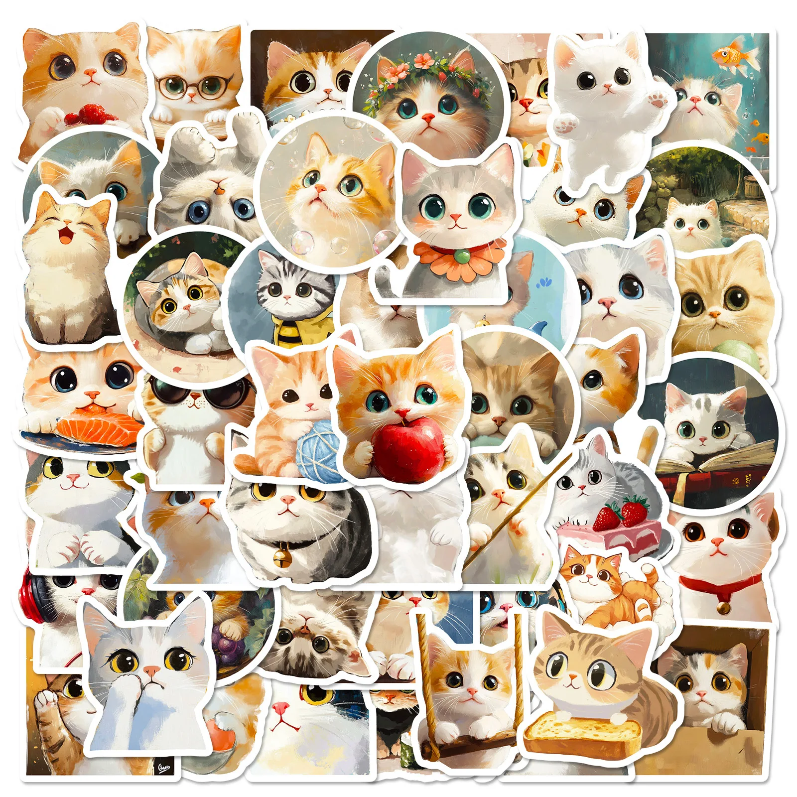 50Pcs Cute Painting Cat Graffiti Stickers Kawaii Animal Decals for Laptop Helmet Luggage Guitar Water Bottle Aesthetic DIY Decor