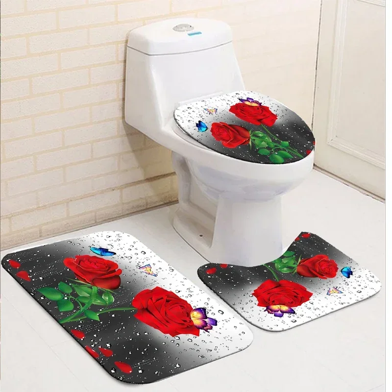 Modern Style Flower Durable Waterproof Shower Curtain Set Toilet Seat Cover Bath Non-Slip Mat Rug Carpet Bathroom Decor Washable