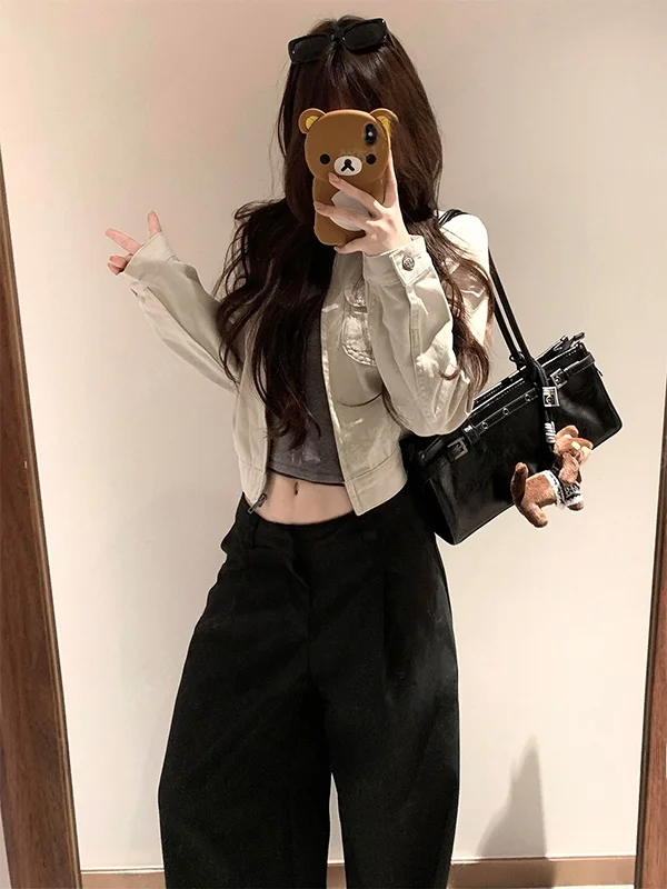 

Retro American Motorcycle Jacket Women's Autumn Winter New Style Cool Casual Spicy Girl Leisure INS Denim Top Zipper Straight...