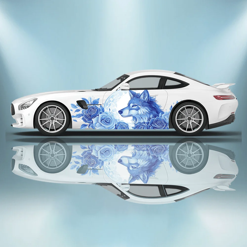 

Синяя ледяная роза и волк, автомобильные виниловые наклейки, самоклеящаяся наклейка из ПВХ, подходит для грузовиков, внедорожников, украшения, автоаксессуары, подарок