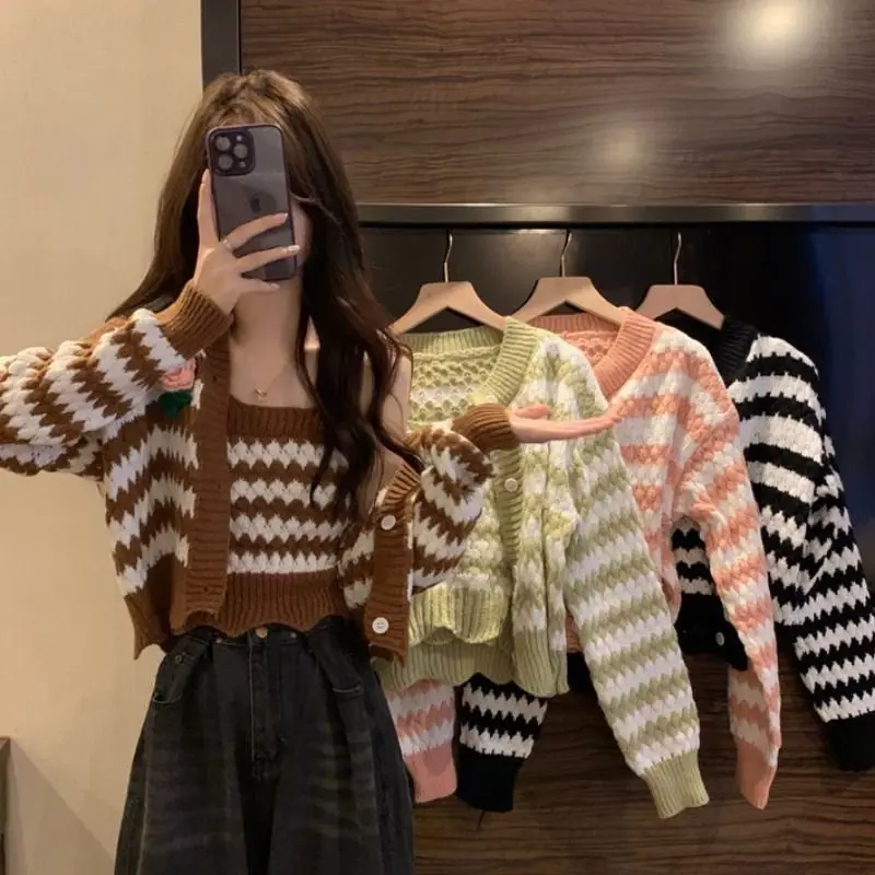 

Korean Chic Retro Striped Knitted Cardigan Cropped Sweater Suspender Camis Suit Two-piece Set Button Tops Casual Casaco Feminino