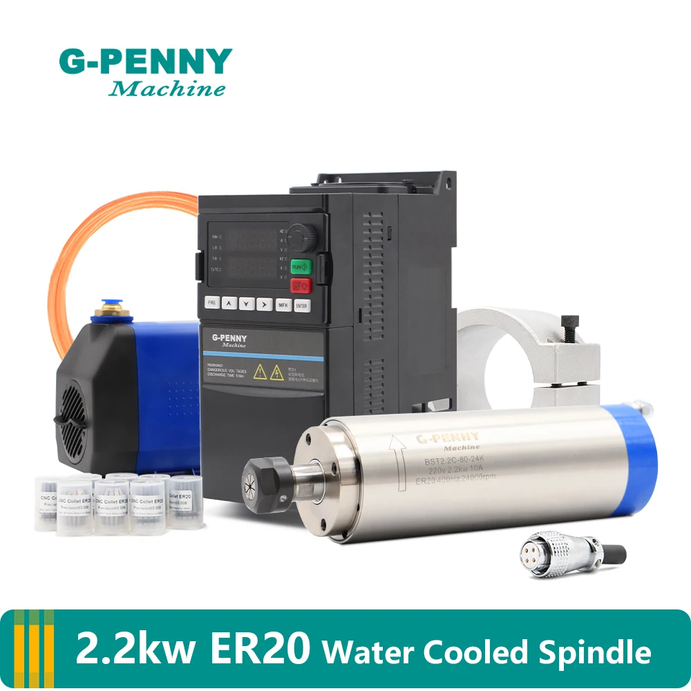 G-PENNY 2.2kw ER20 Water Cooled Spindle Kit  & 2.2kw YL42/QL VFD & 80mm Spindle Bracket & 75w Water Pump& collet