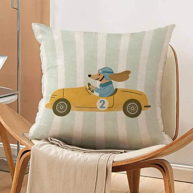 1pc Multi-Size Available Pillow Cover, Double-Sided Design Cute Dachshund Racing Print, Light Green And White Vertical Stripes Pattern, Soft Polyester Material, Square Cushion Cover for Living Room Sofa Decoration