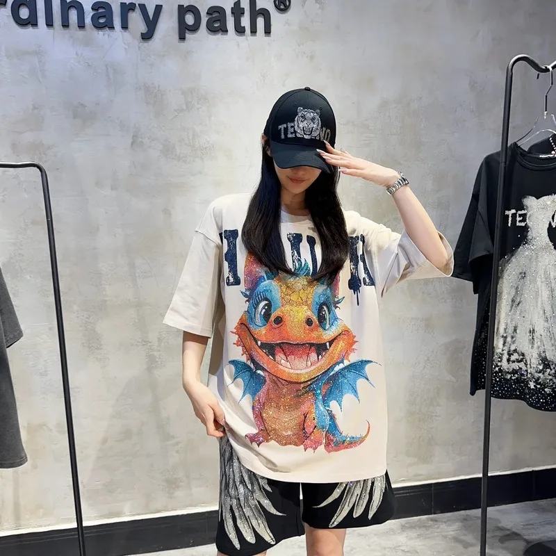 Summer Fashion T-shirt Men's And Women's Heavy Embroidery Diamond Drills Khaki Cartoon Oversized Tees Boutique Kawaii Clothes