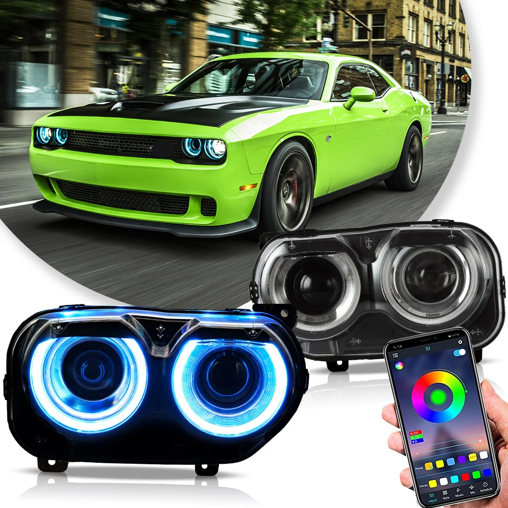 Vland 2015‑2024 Challenger 3th Gen Facelifted Black RGB Dual Beam Projector LHD Headlights Upgrade Direct Replacement Lamp