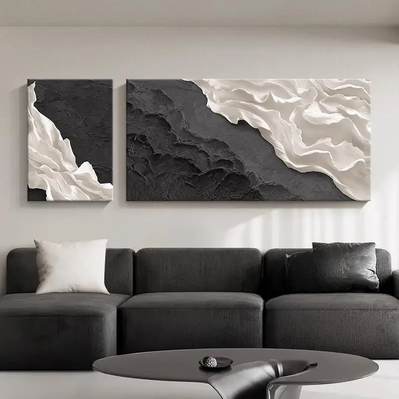 Italian minimalist black and white living room decorative painting abstract art texture mural wabi sabi sofa background wall