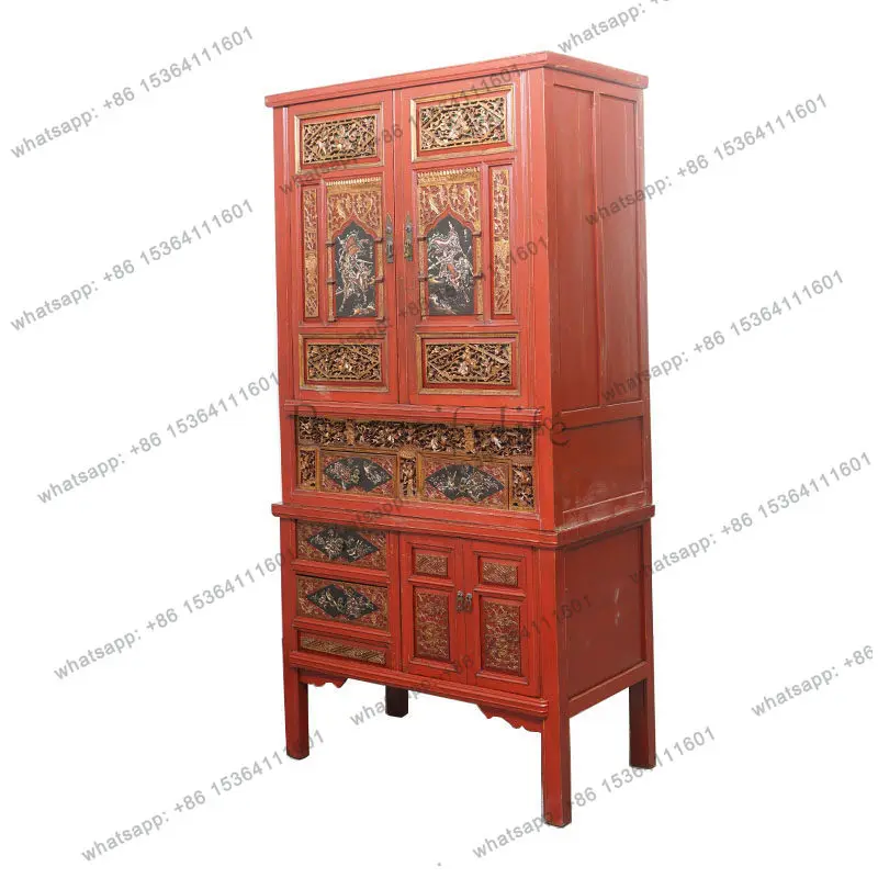 

Retro Chinese-style carved entrance cabinet, all solid wood storage, foyer cabinet, living room