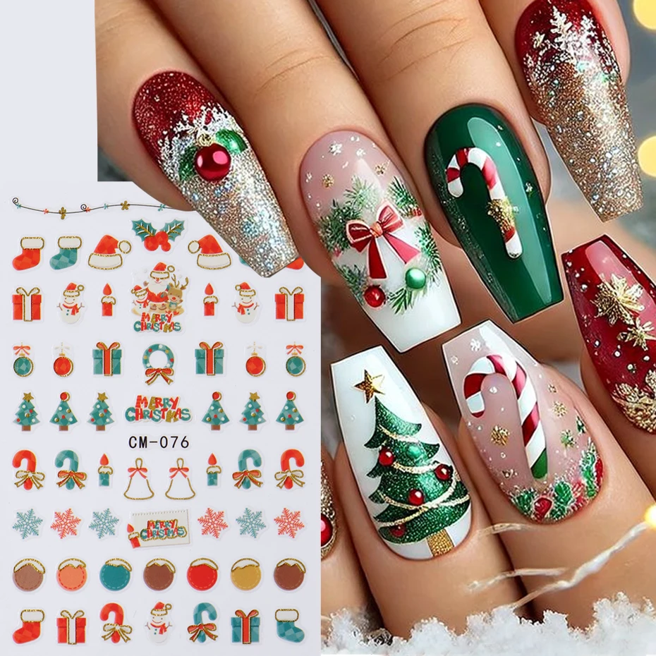 4 stks 3D Gouden Sneeuwvlokken Kerstbomen Stickers voor Nagels Kerstcadeaus Zelfklevende Nagel Sliders Winter Feestelijke Nagel Accessor