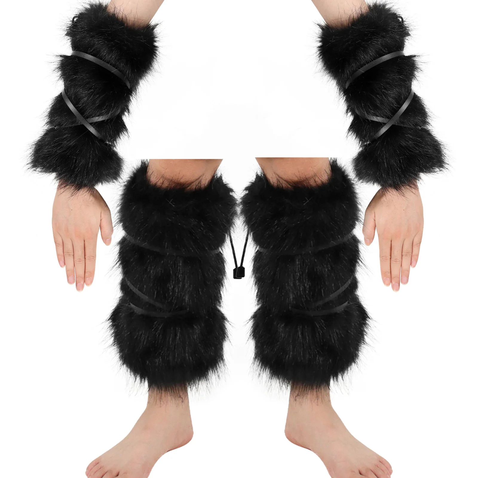Faux Fur Furry Arm Cuffs and Leg Warmers Covers Set for Halloween Cosplay Costumes Accessory