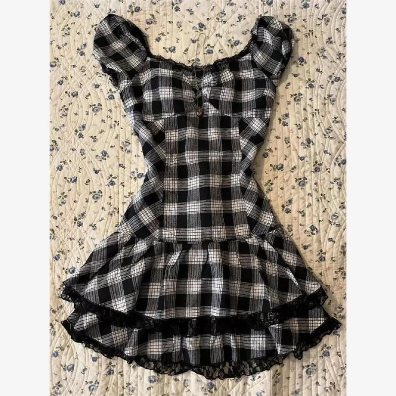 

Black Plaid Sleeveless Dress Female Summer Harajuku Y2k Gothic Punk Mini Cake Dresses 2000s Grunge Women Lolita Short Dress