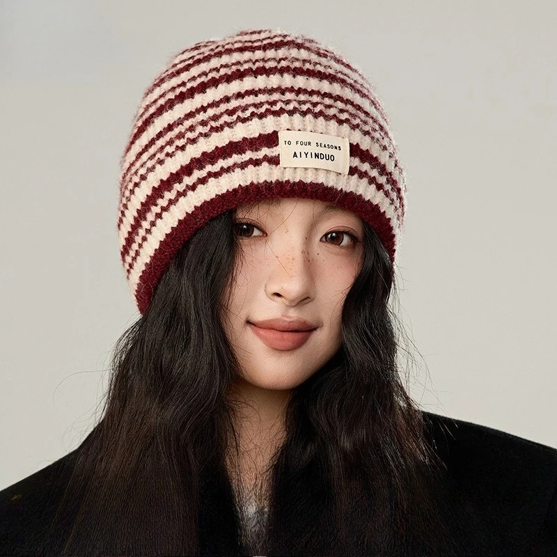 Korean Striped Knitted Hat, Big Head Circumference, Small Face, Warm Wool Hat, Simple and Versatile Ear Protector, Cold Hat