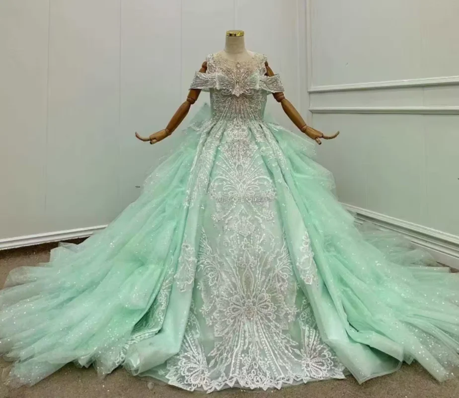 Luxury Girls Ball Gown Bubble Ruffles Puffy Mint Heavily Beaded Lace Banquet Party Dress Shinny Corset Back Flower Girl Dress