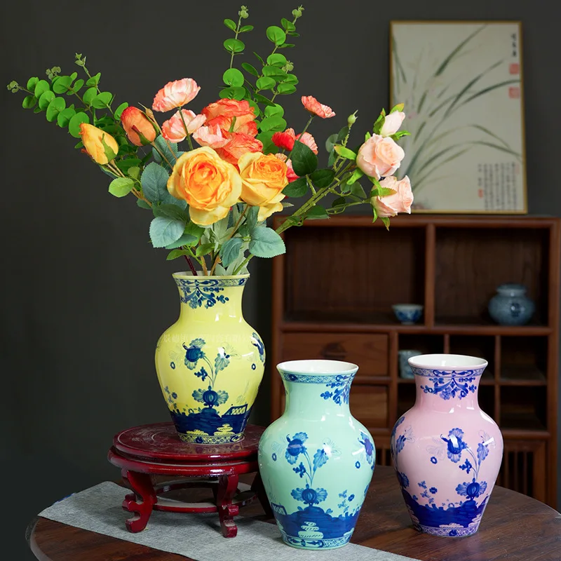 Blue White Porcelain Vase Ceramic Vintage Tabletop Home Decor Living Room EntrywayMantel Office Oriental Decorative Ornament Set