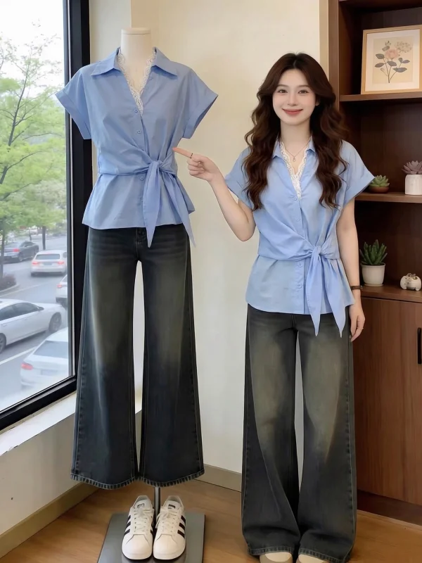 

Light Blue Lace Trim V-Neck Short Sleeve Women's Shirt Summer New Style Waist-Cinching Top Korean Style Loose Fit Casual Shirt
