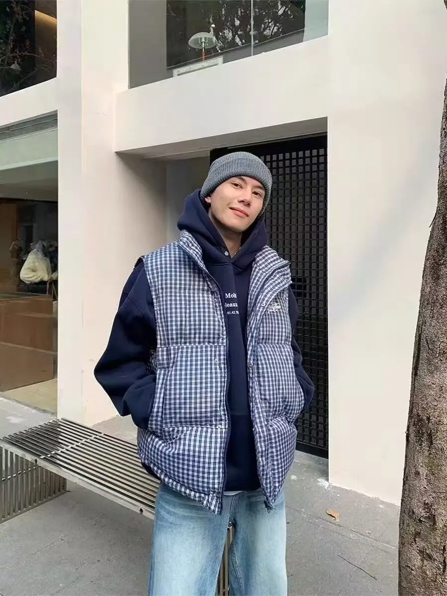 

Американский ретро-вышивка контрастного цвета, сетка, воротник-стойка, хлопок, модный хлопковый японский жилет в стиле Харадзюку для мужчин и женщин