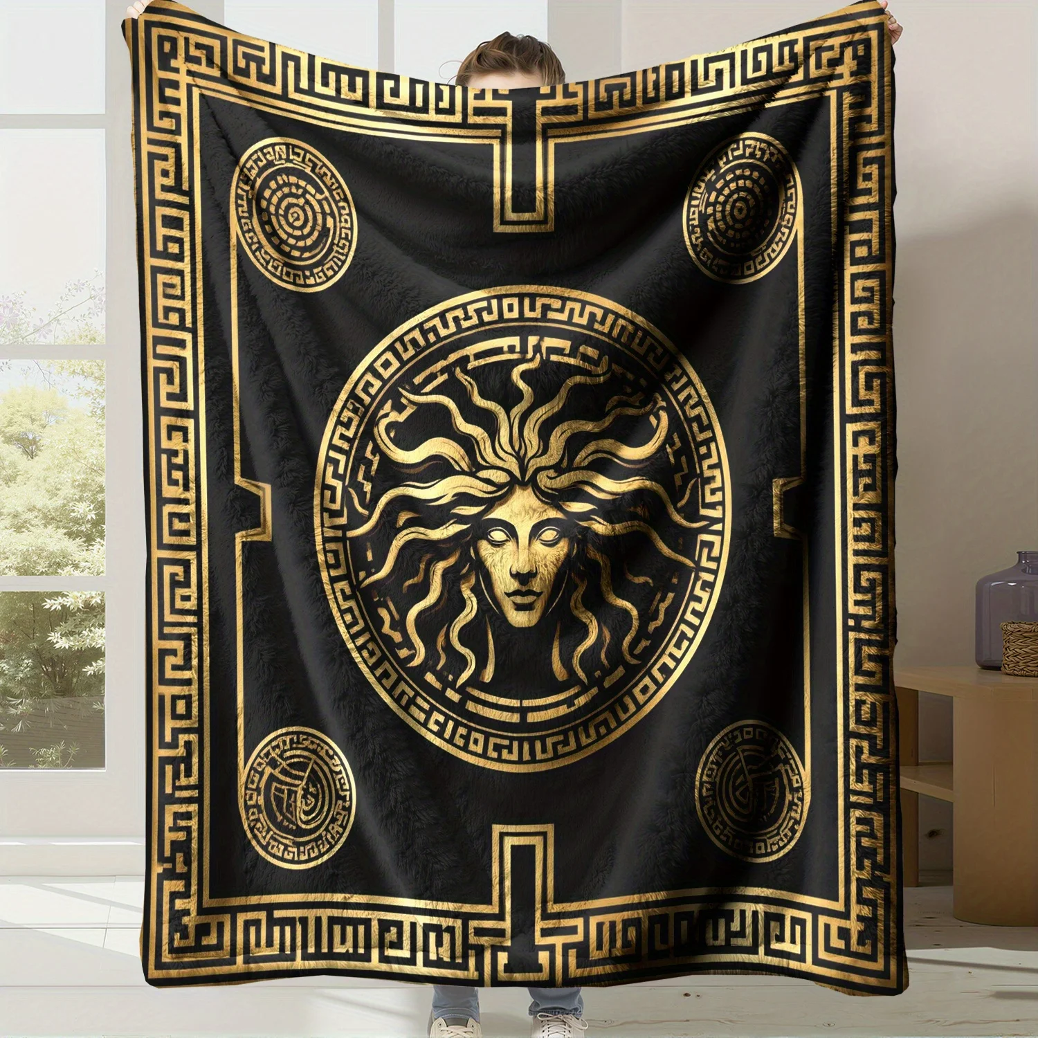 Custom Baroque Medusa Fleece Blanket Personalized Name Golden Greek Key Pattern Soft Warm Throw All Season Home Decor Gift