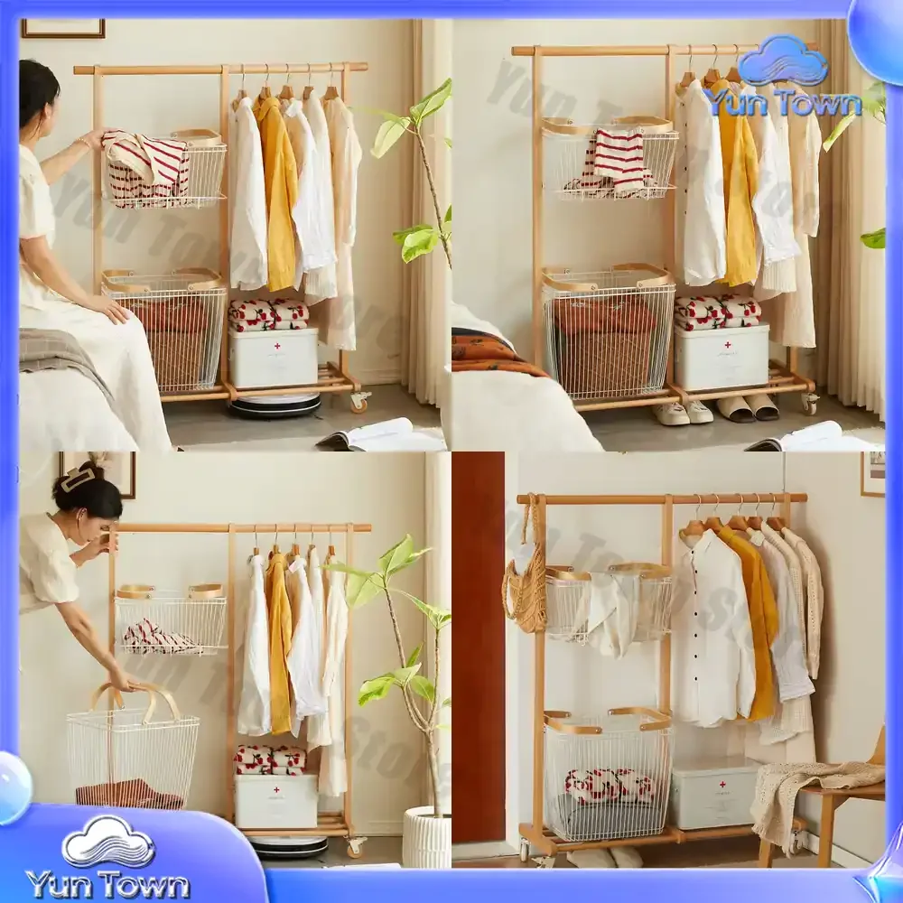 Wooden Coat Rack for Home Use Floor Standing Clothes Organizer with Laundry Basket Mobile Wardrobe Stand for Bedroom Living