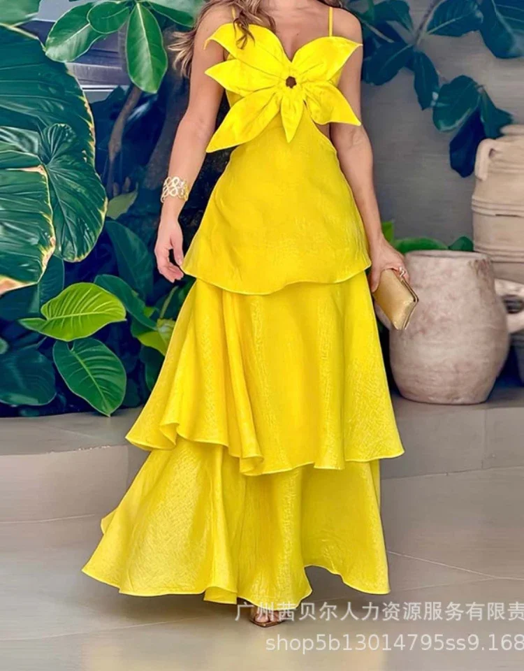 Floral Hollow Out Cami Dress Women Party Long Dresses Sling Sleeveless Slim Maxi Ruffles Backless A Line Vestidos Summer Elegant