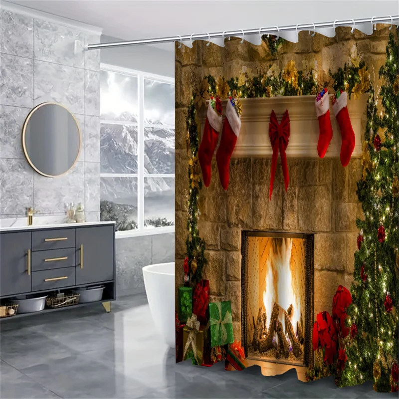 1Pc Merry , Christmas Stocking Fireplace Polyester Shower Curtain, Bathroom Rug, Toilet U-Shape Mat, Toi