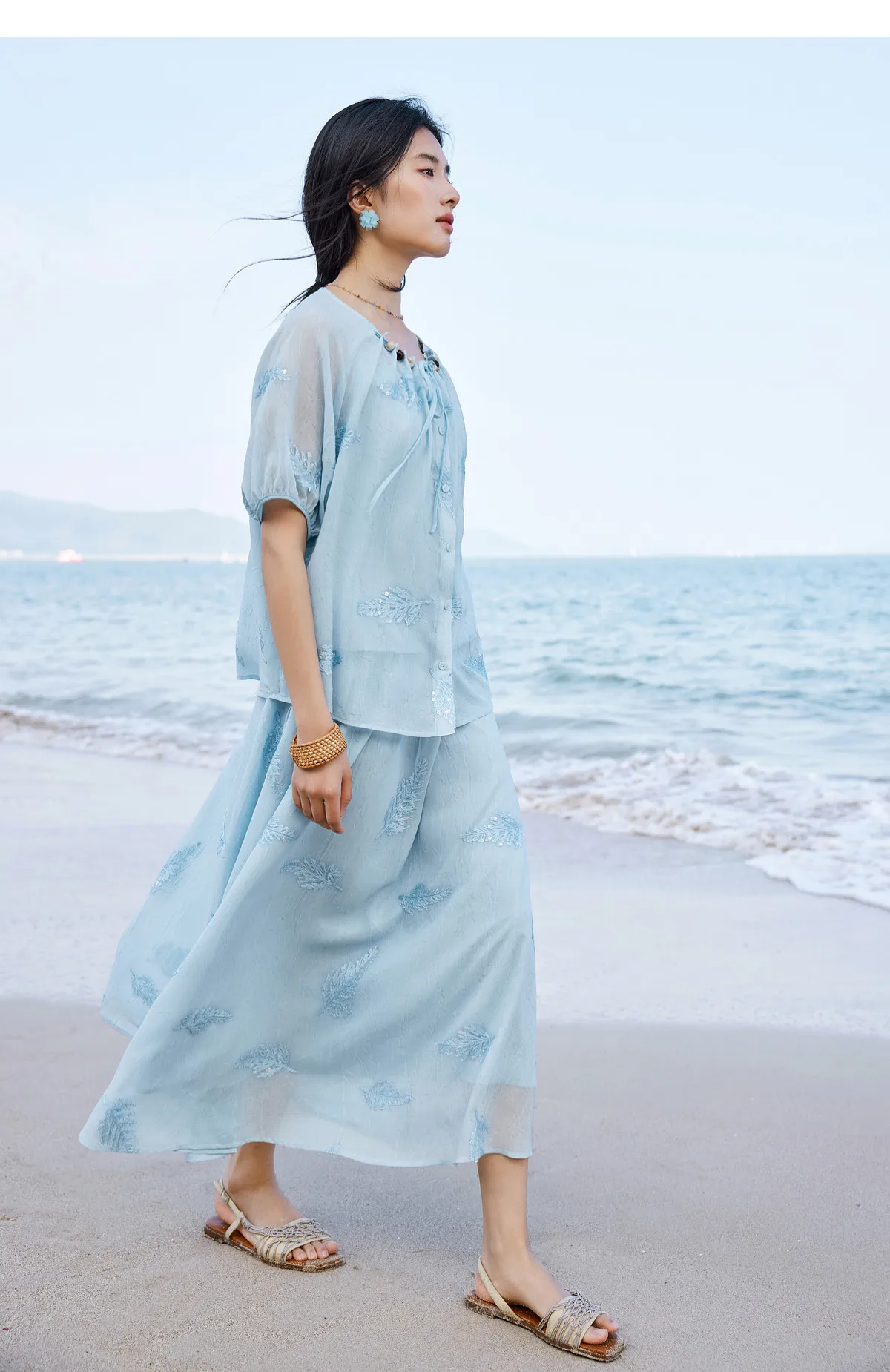 SENTUBILA Elegantes besticktes 3-teiliges Damen-Set, bestehend aus einem Oberteil mit Perlenbesatz und Rundhalsausschnitt, einem einfarbigen Camisole und einem A-Linien-Rock, lockeres Outfit 162ZK4843 – Detail 21
