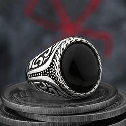 Good Polished Middle East 2024 New Stainless Steel Black Stone Ring With Pattern For Man Women Fashion Couple&Wedding Jewelry