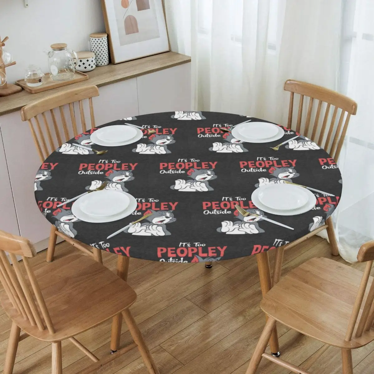 Custom Disney Tom And Jerry Tablecloth Round Elastic Oilproof American Animation Cartoon Table Cloth Cover for Kitchen