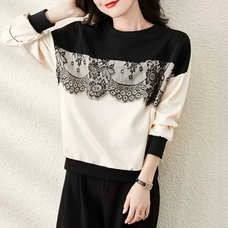 2023 New Spring and Autumn Fashion Simple Lace Panel Round Neck Contrast Loose Casual Design Feeling Pullover Women's Sweater