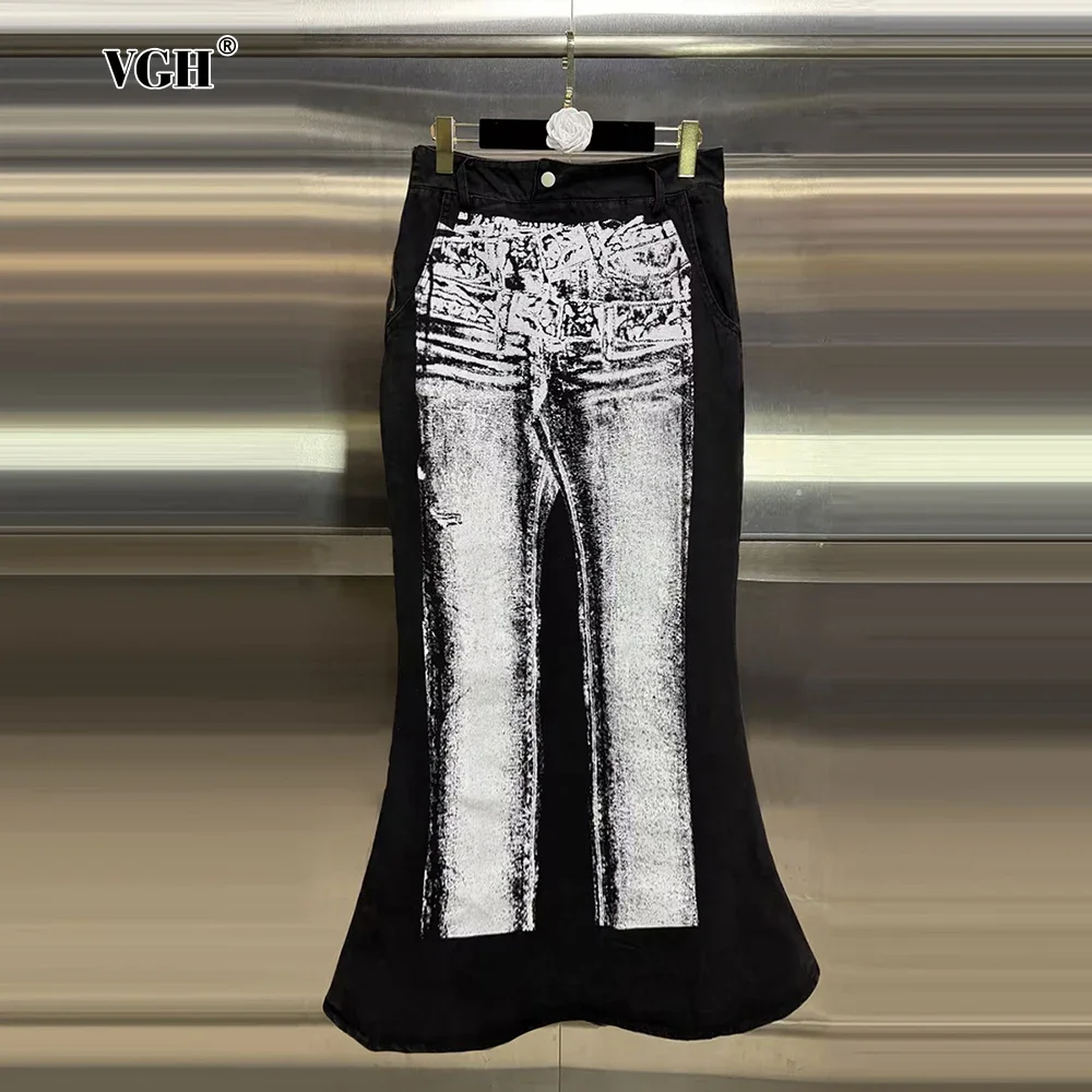 

VGH Retro Pattern Printing Spliced Side Zipper Skirt for Women High Waist Patchwork Button A Line Long Denim Skirts Female New