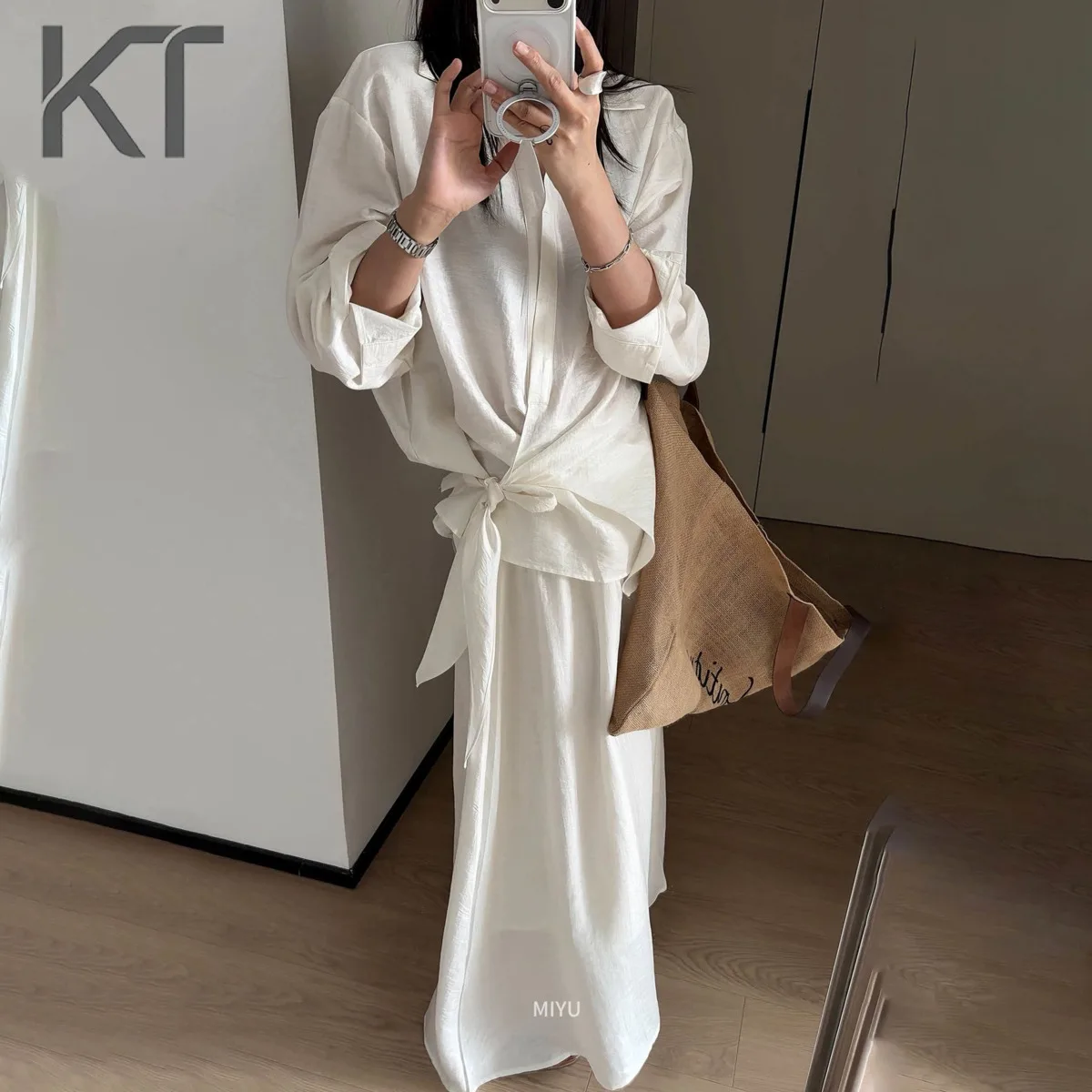 

KT Solid Gray Two Piece Outfit Women Off Shoulder Long Sleeve Top + High Waist Maxi Skirt Set Casual Commuter 2026