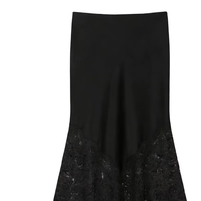 Gonna lunga in raso di pizzo da donna Primavera Autunno Gonna longuette a vita alta moda elegante Gonne da festa vintage con spacco frontale femminile casual