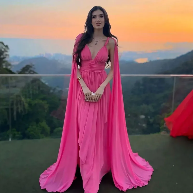 

Sexy Long Hot Pink Chiffon Evening Dresses With Cape A-Line Deep V-Neck Pleated Floor Length Prom Dress Party Dresses for Women