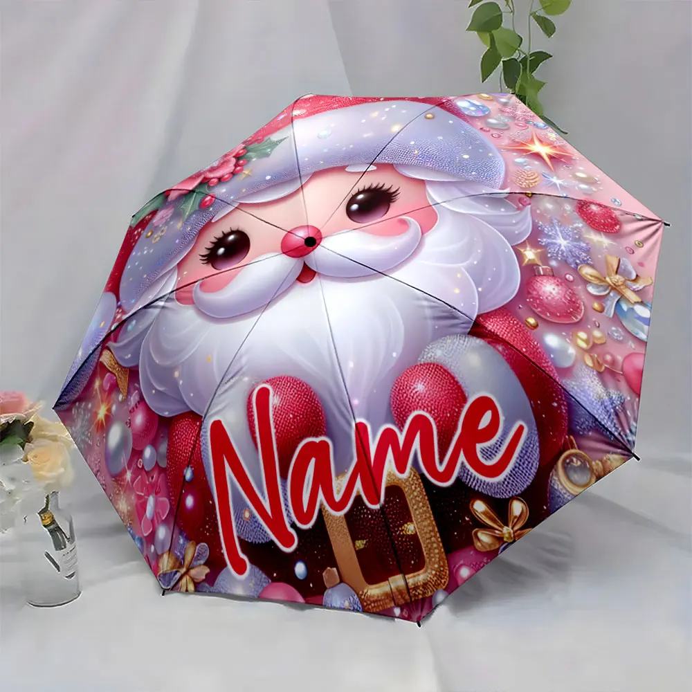 Custom Name Festive Santa Claus Umbrella Design 8 Iron Ribs Folding Umbrella Auto-Open Fashionable Sunshade Deluxe Gift