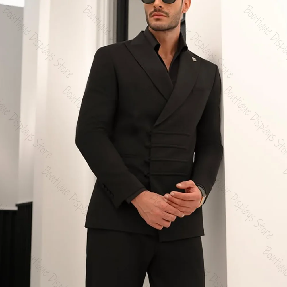 Fashion Black Multi Row Buckle Men Suit Two Pieces(Jacket+Pants) Outfits Casual Party Prom Wedding Set