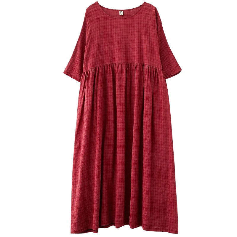 فستان نسائي كاجوال مقاس كبير صيفي بتصميم جديد بلون واحد يخفي البطن وينحف الجسم فضفاض متوسط الطول بأكمام قصيرة