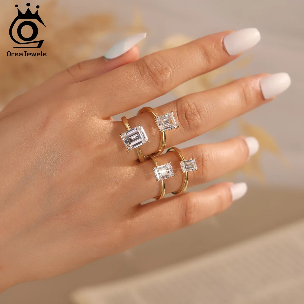 ORSA JEWELS 925 Silver Emerald Cut Moissanite Finger Rings 1ct 2ct 3ct 4ct Solitaire Ring Fine Jewelry Anniversary Gift SMOR07