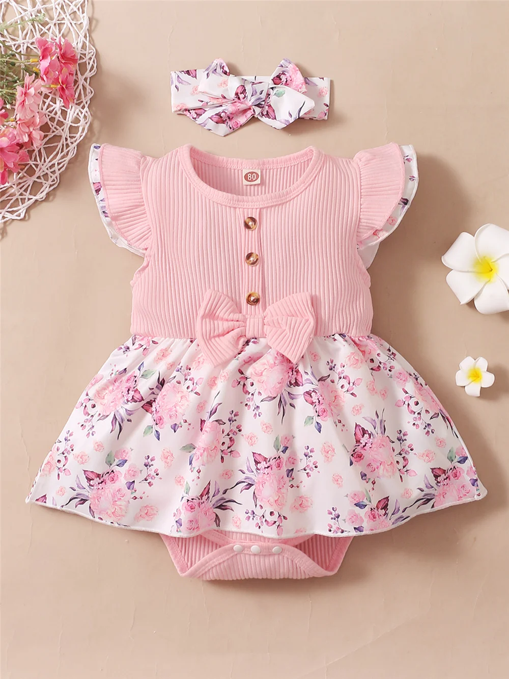 

2PCS Summer Baby Girl Floral Romper Dress Flutter Sleeve Ribbed Jumpsuit with Headband Lovely Outfit for Newborn baby 0-18Months