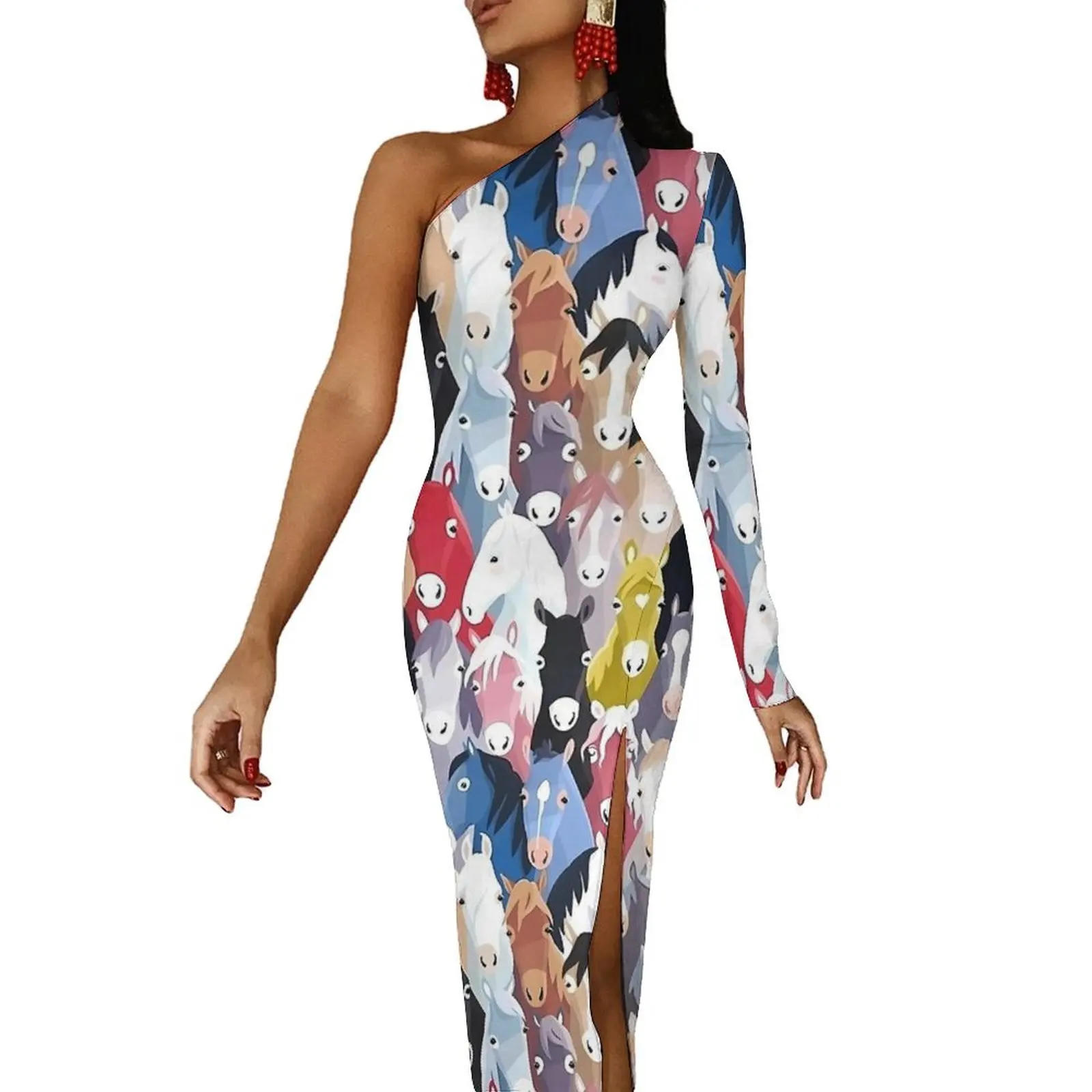 Engraçado cavalo bodycon vestido mulher dos desenhos animados animal kawaii maxi vestido de manga longa street wear vestidos impressos ideia de presente