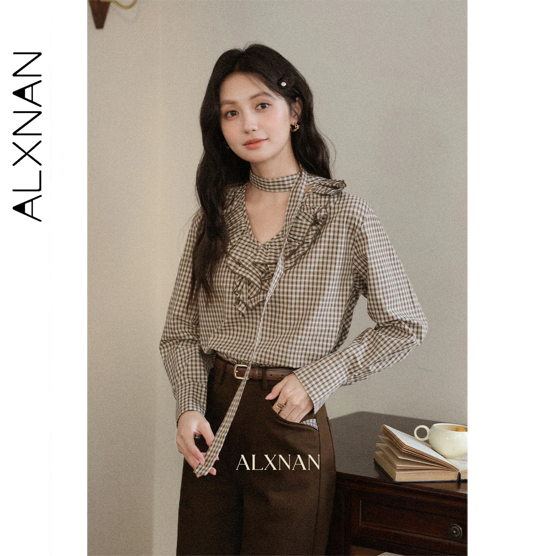 

ALXNAN Women's Gingham Checked Shirt Ruffled V-neck Vintage Cotton 100% Plaid Blouses Elegance Long Sleeve Tops Ribbon L57268