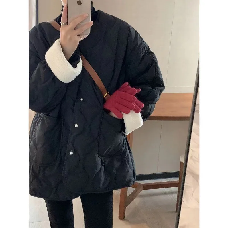 

Lightweight Loose Fit Thermal Women Cotton Jacket Collarless Splicing Design Fashionable Outerwear Women Winter Korean Style