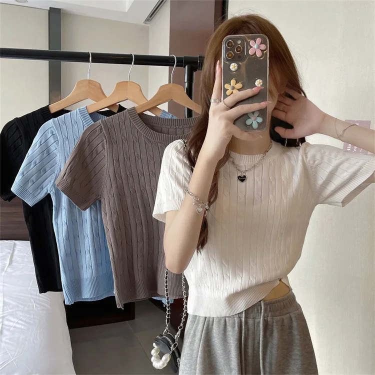 Damen Sommer Vintage Rundhals Kurzarm Strick-T-Shirt Mädchen Damen Slim Fit Top Damen Casual Sport Layering Basic-Shirt