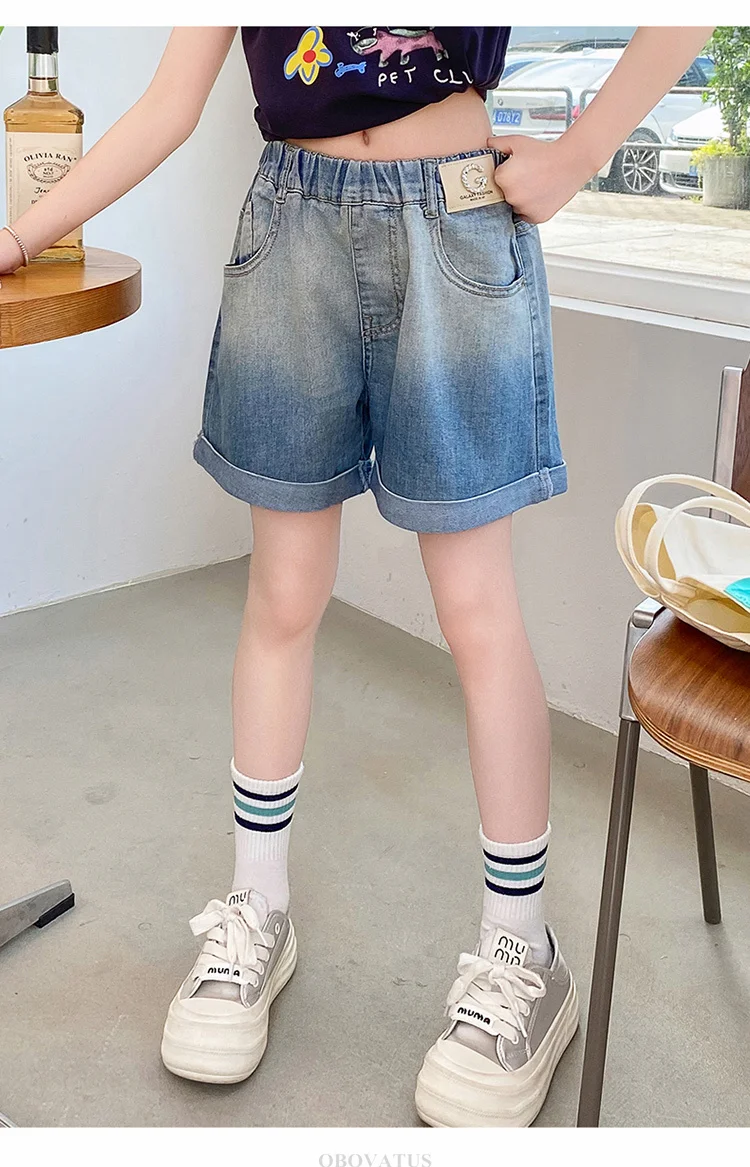 Neu eingetroffen: Sommerliche Jeans-Shorts mit Farbverlauf für Mädchen von 5 bis 14 Jahren, modische Teenagerkleidung, lässige kurze Hosen für Kinder. – Detail 6