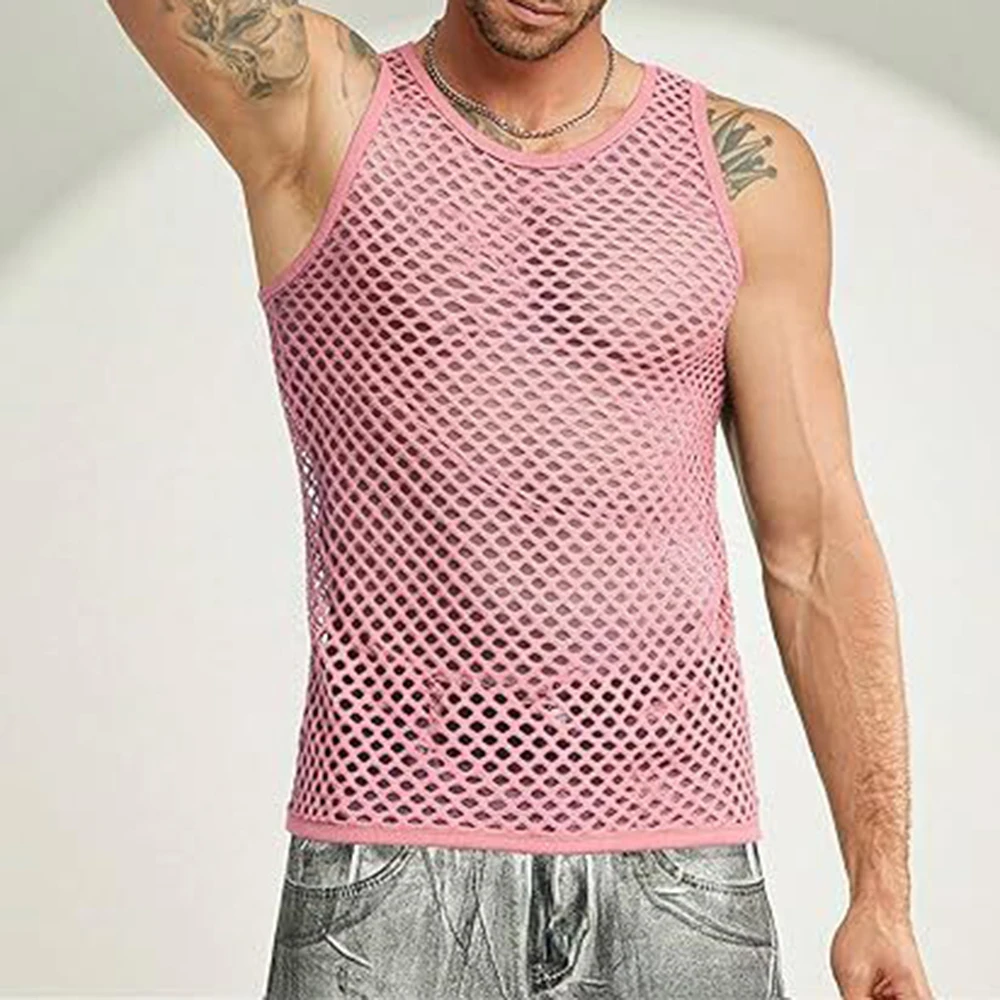 Mens Hollow-Out Mesh Sexy See-Through Tank Tops Streetwear Fashion Nightclub Breath Niche Stage Vest Men'S Clothing 2026 New
