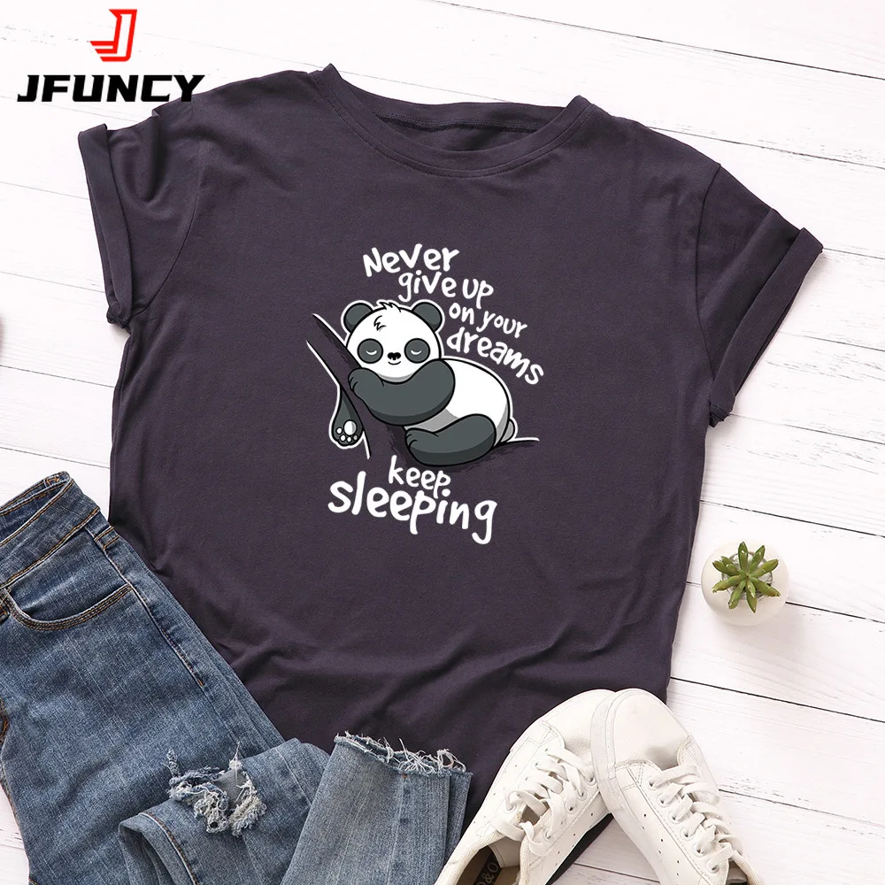 

JFUNCY Short Sleeve Women's Cotton Shirts T-shirt New Cartoon Panda Print Woman Tshirt Summer Women Tops Female Tee