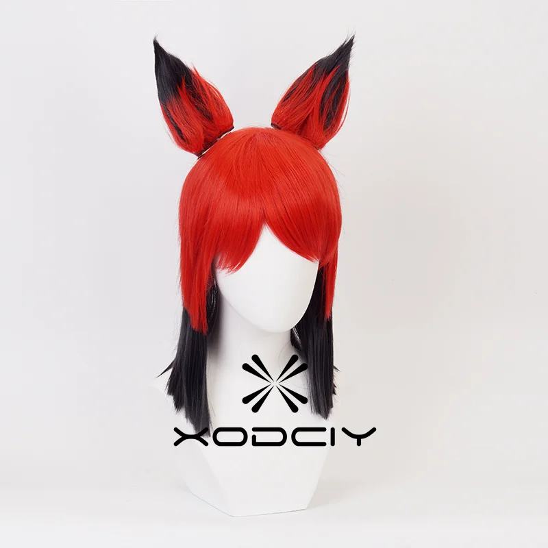 Alastor Cosplay Wig Red Black Heat Resistant Synthetic Hair Anime Cosplay Wigs with Ears + Wig Cap