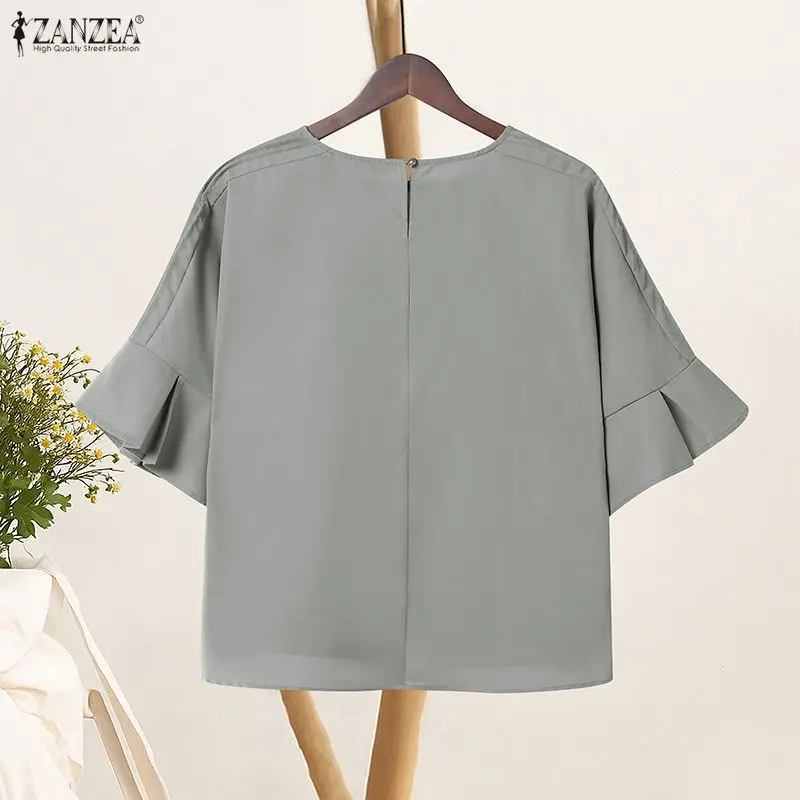 ZANZEA, blusas informales y de día para mujer, blusas de verano con cuello redondo y media manga acampanada, Tops elegantes de diseñador de Color sólido, ropa para mujer