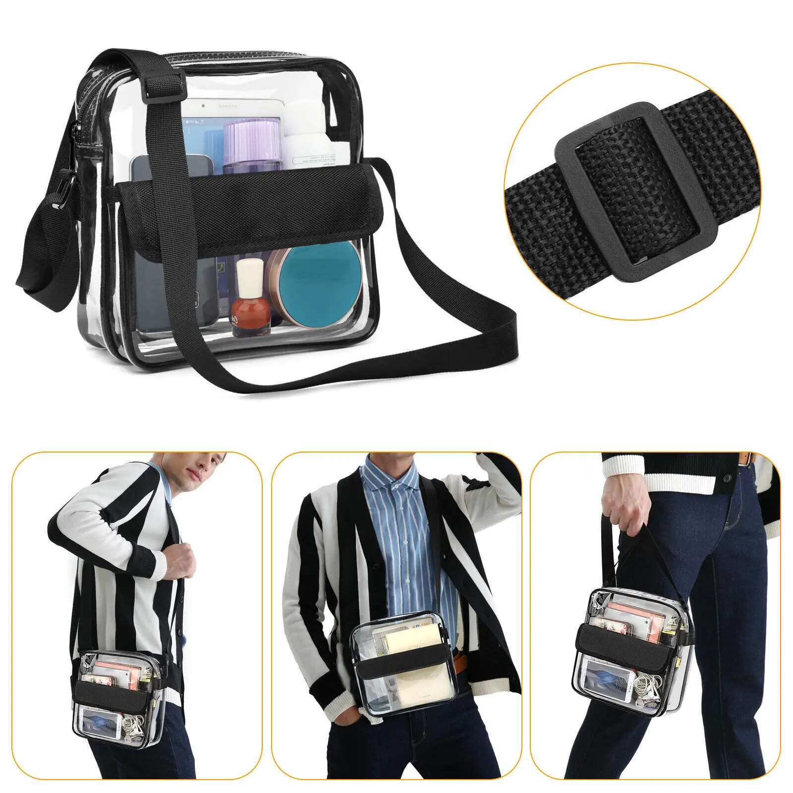 Men Women Clear PVC Shoulder Bag Concert Transparent Crossbody Bag For PGA Stadium Purse With Front Pocket Simple Messenger Bag