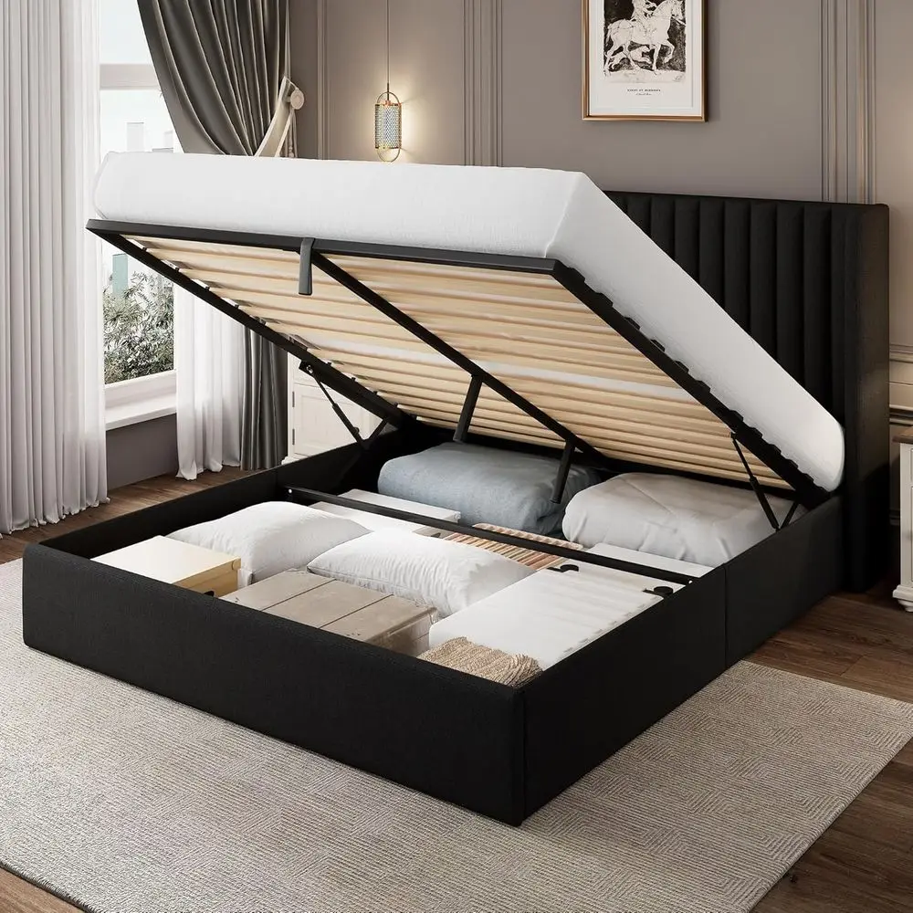 

Black Queen Wingback Upholstered Platform Bed with Storage, No Box Spring, Heavy Duty Slat Support