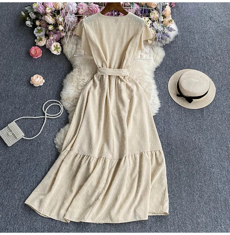 Verão Elegante Vestido Longo para Mulheres Rendas Patchwork Manga Voadora Midi Lace Up Festa Noite Vestidos Polka Dot Boho Tarf Novo Em