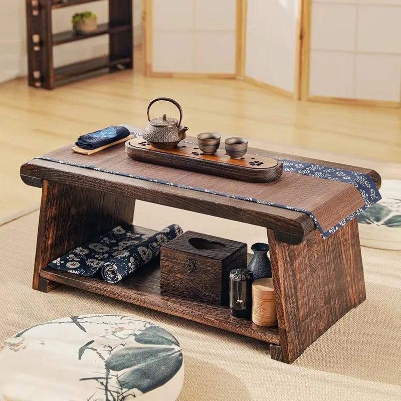 Solid Wood Folding Tea Table Portable Low Profile Desk for Bay Window Traditional Tea Serving Tray Japanese Home Furniture