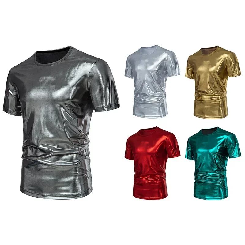 2024 Summer American Bright Short-sleeved T-shirt Mens Party Latin Stage Bright Short-sleeved T-shirt for Men
